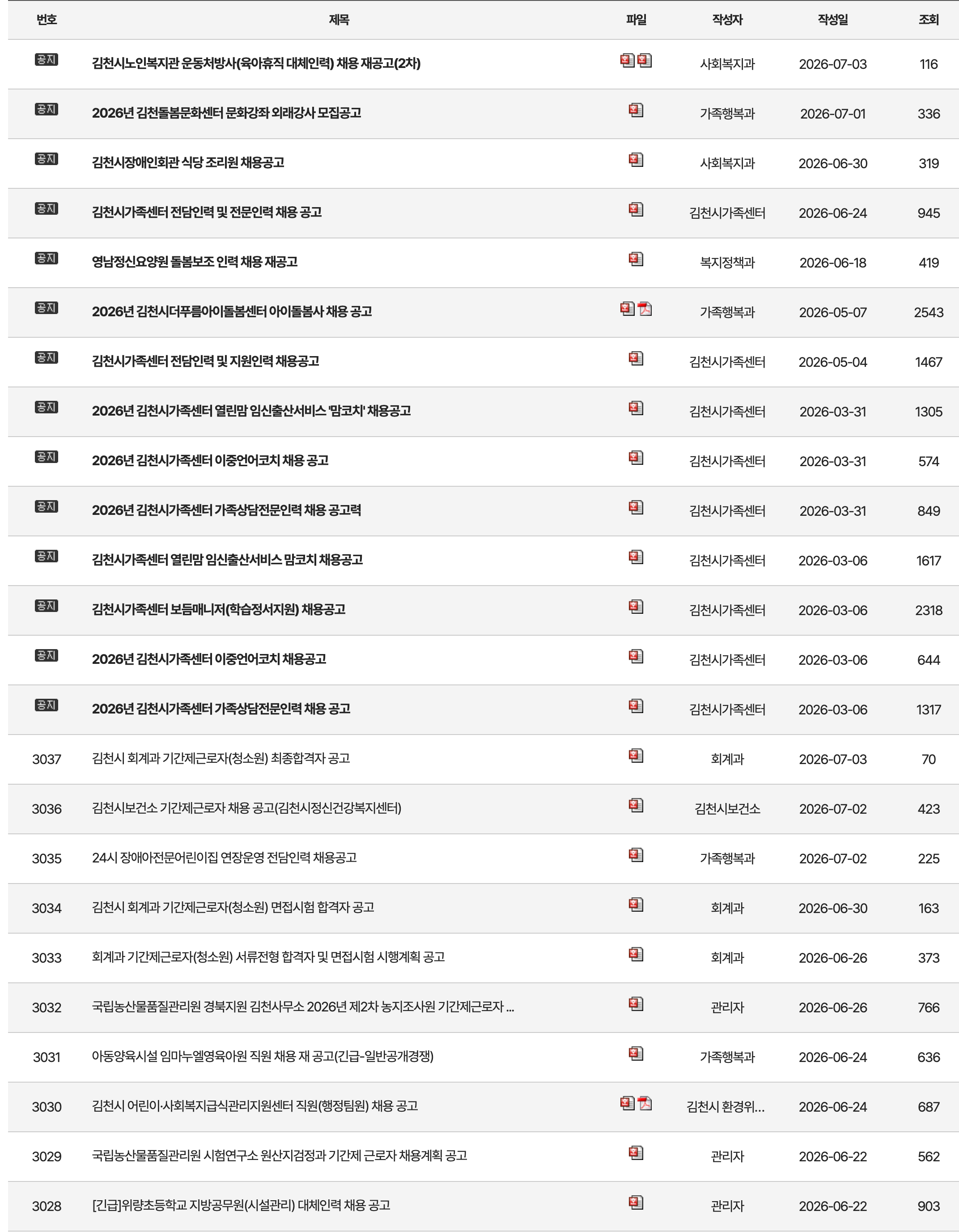 김천시 채용정보 게시판 첫 화면을 캡처한 이미지