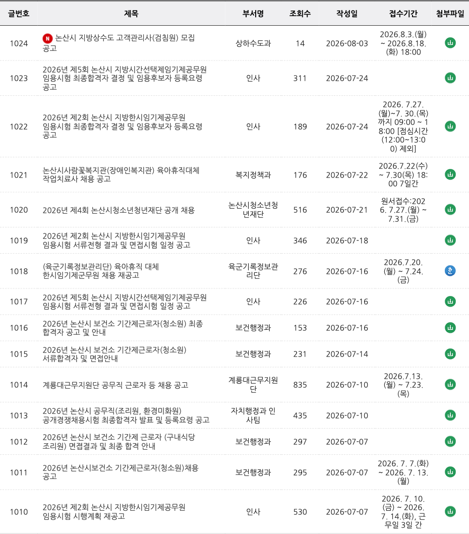 논산시 시험채용 게시판 상단에서 최근 모집 공고와 접수기간이 보이는 공식 화면 캡처