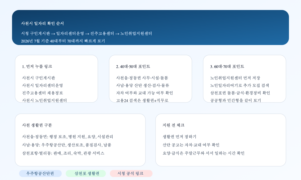 사천시 구직자가 먼저 눌러야 할 공식 링크와 생활권별 일자리 포인트를 정리한 인포그래픽